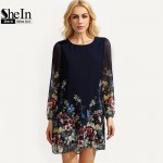 SheIn Casual Boho Autumn Dresses For Women Multicolor Round Neck Long Sleeve Floral Print Straight Chiffon Dress