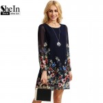 SheIn Casual Boho Autumn Dresses For Women Multicolor Round Neck Long Sleeve Floral Print Straight Chiffon Dress