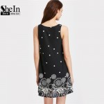 SheIn Casual Dresses For Women 2016 Summer Ladies Black Polka Dot Print Sleeveless Round Neck Short Shift Dress