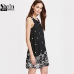 SheIn Casual Dresses For Women 2016 Summer Ladies Black Polka Dot Print Sleeveless Round Neck Short Shift Dress