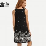 SheIn Casual Dresses For Women 2016 Summer Ladies Black Polka Dot Print Sleeveless Round Neck Short Shift Dress