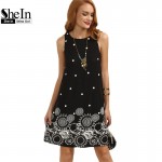 SheIn Casual Dresses For Women 2016 Summer Ladies Black Polka Dot Print Sleeveless Round Neck Short Shift Dress