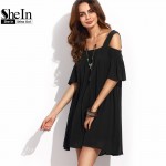 SheIn Casual Dresses For Women 2016 Summer Ladies Plain Black Cold Shoulder Ruffle Short Sleeve Straight Dress