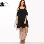 SheIn Casual Dresses For Women 2016 Summer Ladies Plain Black Cold Shoulder Ruffle Short Sleeve Straight Dress