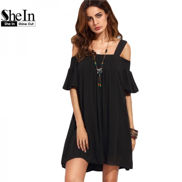 SheIn Casual Dresses For Women 2016 Summer Ladies Plain Black Cold Shoulder Ruffle Short Sleeve Straight Dress