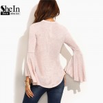 SheIn Casual Ladies Tee Shirt For Autumn Womens Fall Tops Plain Pink Cut Out V Neck Ruffle Split Long Sleeve T-shirt