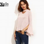 SheIn Casual Ladies Tee Shirt For Autumn Womens Fall Tops Plain Pink Cut Out V Neck Ruffle Split Long Sleeve T-shirt