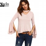 SheIn Casual Ladies Tee Shirt For Autumn Womens Fall Tops Plain Pink Cut Out V Neck Ruffle Split Long Sleeve T-shirt