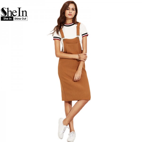 SheIn Casual Shift Dresses For Woman Autumn Khaki Sleeveless Strap Ribbed Knee Length Overall Dress With Pockets