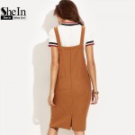 SheIn Casual Shift Dresses For Woman Autumn Khaki Sleeveless Strap Ribbed Knee Length Overall Dress With Pockets