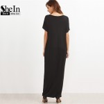 SheIn Clothes Women Spring Dresses Casual Black Graphic Print Round Neck Short Sleeve Maxi Tee Dress With Side Pocket