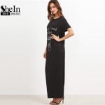 SheIn Clothes Women Spring Dresses Casual Black Graphic Print Round Neck Short Sleeve Maxi Tee Dress With Side Pocket