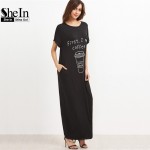 SheIn Clothes Women Spring Dresses Casual Black Graphic Print Round Neck Short Sleeve Maxi Tee Dress With Side Pocket