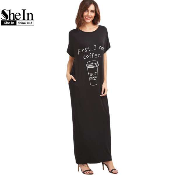 SheIn Clothes Women Spring Dresses Casual Black Graphic Print Round Neck Short Sleeve Maxi Tee Dress With Side Pocket