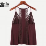 SheIn Clothes Women Tank Tops Women Sleeveless V Neck Sexy Top Women Spaghetti Strap Burgundy Contrast Lace Cami Top