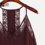 SheIn Clothes Women Tank Tops Women Sleeveless V Neck Sexy Top Women Spaghetti Strap Burgundy Contrast Lace Cami Top