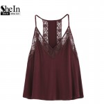 SheIn Clothes Women Tank Tops Women Sleeveless V Neck Sexy Top Women Spaghetti Strap Burgundy Contrast Lace Cami Top