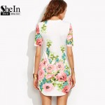 SheIn Elegant Dresses For Woman Summer Style Ladies Multicolor Floral Print Round Neck Short Sleeve Bodycon Dress