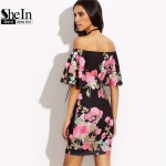 SheIn Elegant Dresses For Women Summer Ladies Multicolor Floral Print Short Sleeve Off The Shoulder Bodycon Dress