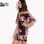 SheIn Elegant Dresses For Women Summer Ladies Multicolor Floral Print Short Sleeve Off The Shoulder Bodycon Dress