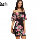 SheIn Elegant Dresses For Women Summer Ladies Multicolor Floral Print Short Sleeve Off The Shoulder Bodycon Dress