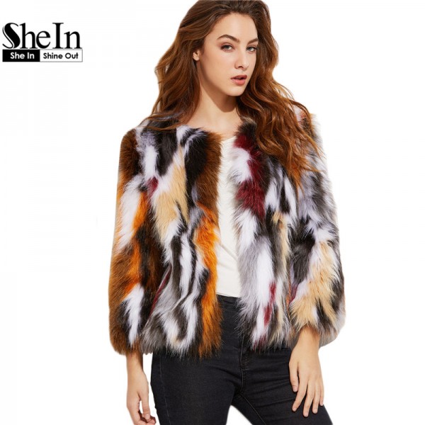 SheIn Elegant Winter Coat 2016 Women Multicolor Open Front Autumn Winter Ladies Long Sleeve Outerwear Faux Fur Coat