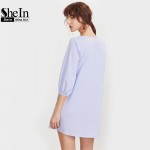 SheIn Embroidered Blue Striped Button Front Lantern Sleeve Boho Dress V Neck Three Quarter Length Sleeve A Line Dress