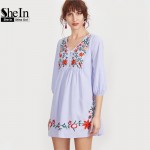 SheIn Embroidered Blue Striped Button Front Lantern Sleeve Boho Dress V Neck Three Quarter Length Sleeve A Line Dress