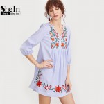 SheIn Embroidered Blue Striped Button Front Lantern Sleeve Boho Dress V Neck Three Quarter Length Sleeve A Line Dress