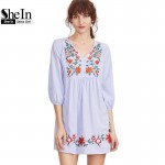 SheIn Embroidered Blue Striped Button Front Lantern Sleeve Boho Dress V Neck Three Quarter Length Sleeve A Line Dress