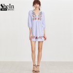 SheIn Embroidered Blue Striped Button Front Lantern Sleeve Boho Dress V Neck Three Quarter Length Sleeve A Line Dress