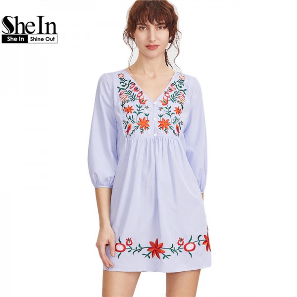 SheIn Embroidered Blue Striped Button Front Lantern Sleeve Boho Dress V Neck Three Quarter Length Sleeve A Line Dress