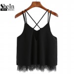 SheIn Fashion Cami Top Korean Style 2016 Summer Female Sexy New Arrival Plain Black Spaghetti Strap Lace V Neck Camisole