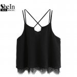 SheIn Fashion Cami Top Korean Style 2016 Summer Female Sexy New Arrival Plain Black Spaghetti Strap Lace V Neck Camisole