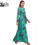 SheIn Floral Beach Dresses Self-Tie Rose Print Long Sleeve Chiffon Dress Summer Spring Womens A Line Maxi Dress