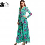 SheIn Floral Beach Dresses Self-Tie Rose Print Long Sleeve Chiffon Dress Summer Spring Womens A Line Maxi Dress