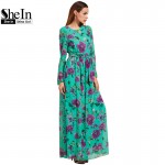 SheIn Floral Beach Dresses Self-Tie Rose Print Long Sleeve Chiffon Dress Summer Spring Womens A Line Maxi Dress