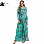 SheIn Floral Beach Dresses Self-Tie Rose Print Long Sleeve Chiffon Dress Summer Spring Womens A Line Maxi Dress