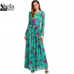 SheIn Floral Beach Dresses Self-Tie Rose Print Long Sleeve Chiffon Dress Summer Spring Womens A Line Maxi Dress