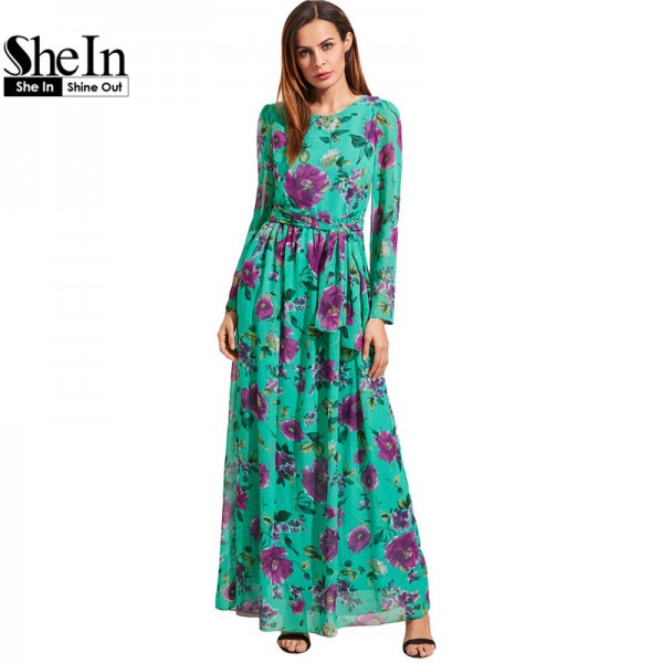 SheIn Floral Beach Dresses Self-Tie Rose Print Long Sleeve Chiffon Dress Summer Spring Womens A Line Maxi Dress