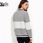 SheIn Grey Women Basic Coats Long Sleeve Womens Winter Jackets and Coats Color Block Baseball Outerwear Ladies Bomber Jacket