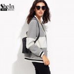 SheIn Grey Women Basic Coats Long Sleeve Womens Winter Jackets and Coats Color Block Baseball Outerwear Ladies Bomber Jacket