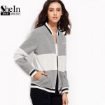 SheIn Grey Women Basic Coats Long Sleeve Womens Winter Jackets and Coats Color Block Baseball Outerwear Ladies Bomber Jacket