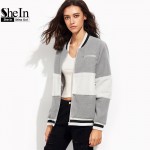 SheIn Grey Women Basic Coats Long Sleeve Womens Winter Jackets and Coats Color Block Baseball Outerwear Ladies Bomber Jacket