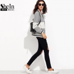 SheIn Grey Women Basic Coats Long Sleeve Womens Winter Jackets and Coats Color Block Baseball Outerwear Ladies Bomber Jacket