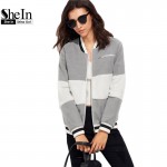 SheIn Grey Women Basic Coats Long Sleeve Womens Winter Jackets and Coats Color Block Baseball Outerwear Ladies Bomber Jacket