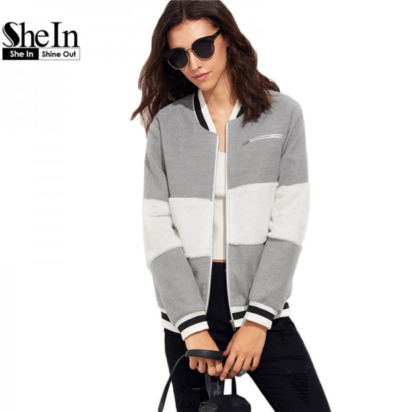 SheIn Grey Women Basic Coats Long Sleeve Womens Winter Jackets and Coats Color Block Baseball Outerwear Ladies Bomber Jacket