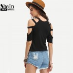 SheIn Ladder-Cutout Shoulder Tee Shirt Fashion Women Tops Summer Woman T shirts 2016 Round Neck Casual Black Crop T-Shirt