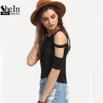 SheIn Ladder-Cutout Shoulder Tee Shirt Fashion Women Tops Summer Woman T shirts 2016 Round Neck Casual Black Crop T-Shirt