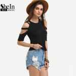 SheIn Ladder-Cutout Shoulder Tee Shirt Fashion Women Tops Summer Woman T shirts 2016 Round Neck Casual Black Crop T-Shirt